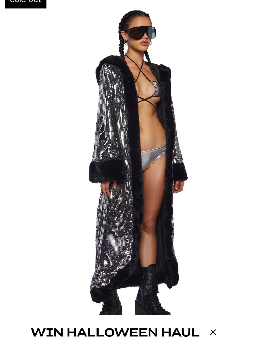 Dolls Kill Black Sequin Faux Fur Trim Maxi Robe
